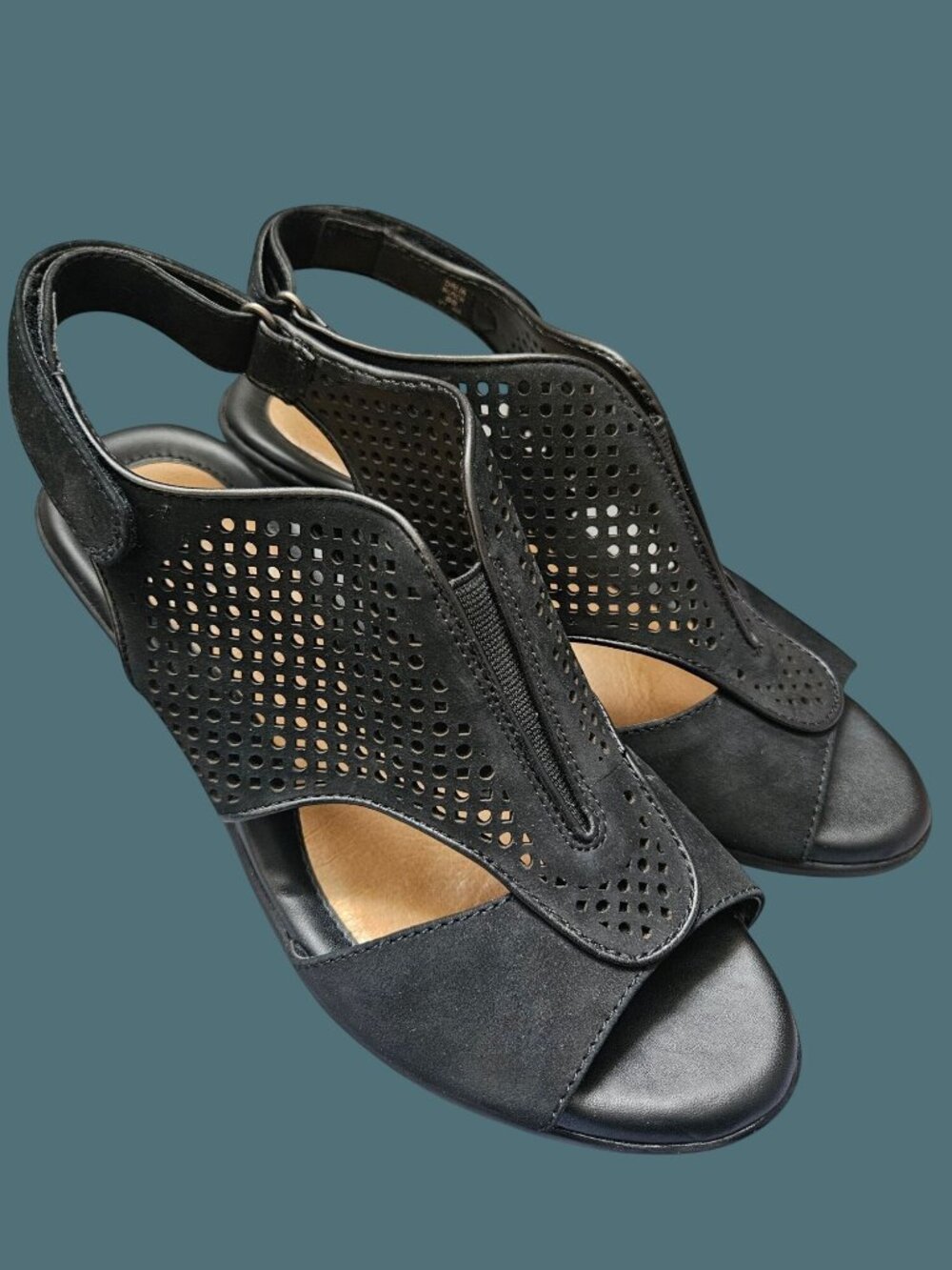 Earth Dalia Black Nubuck Peep Toe Wedge Heel Slingback Comfy Sandals Women 8B - Picture 2 of 13